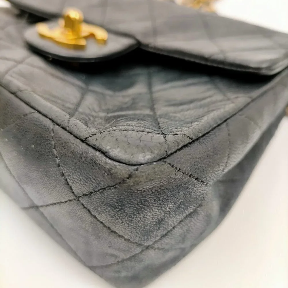 Chanel Mini Square Flap Matelasse Black Lamb Leather Shoulder Bag